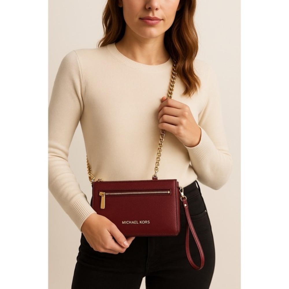 Michael Kors Jet Set Travel Saffiano Leather Crossbody Wallet Red Gold 37-08